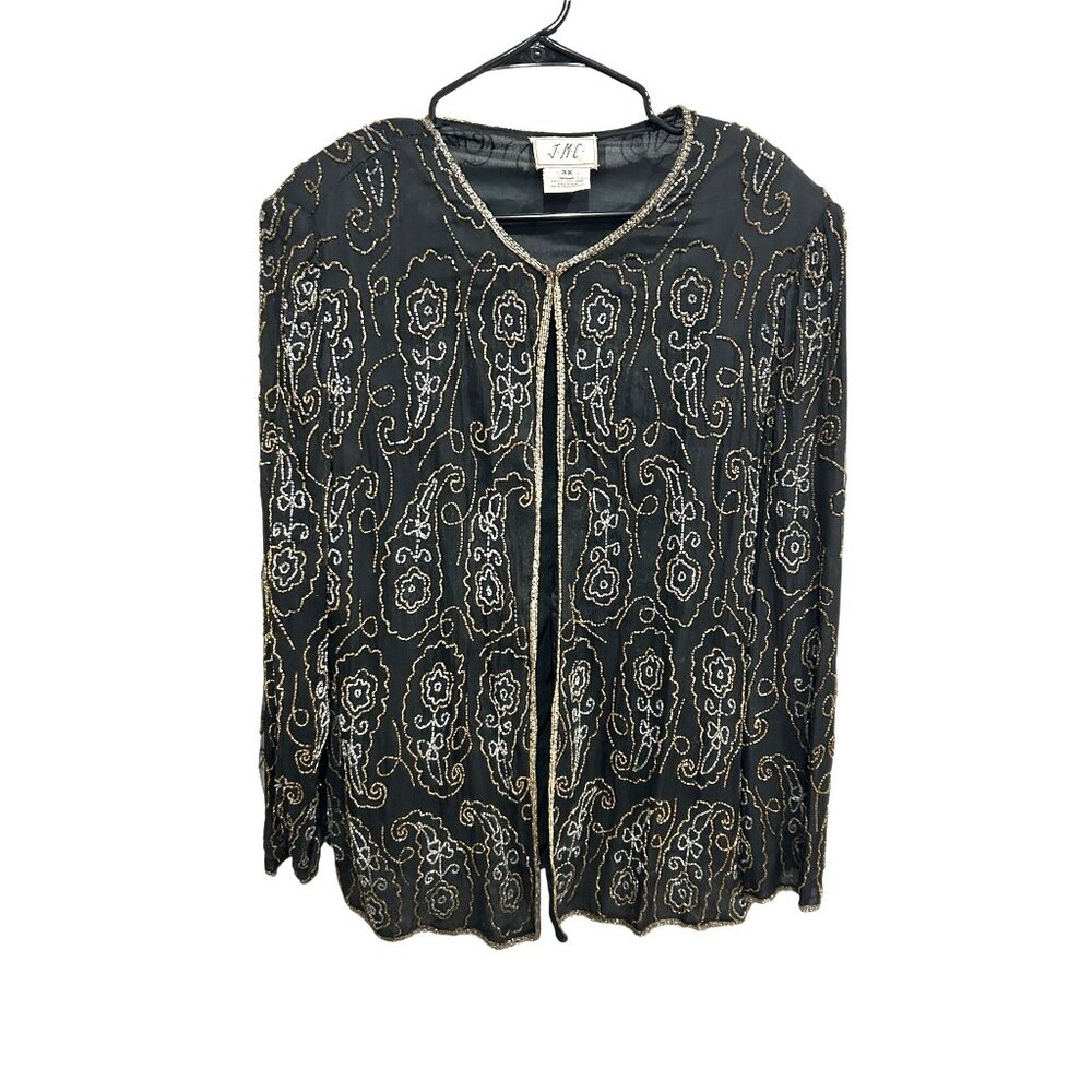 Vintage J.M.C. Beaded Paisley Floral Cardigan Jacket Black Gold Sz 3X Retro